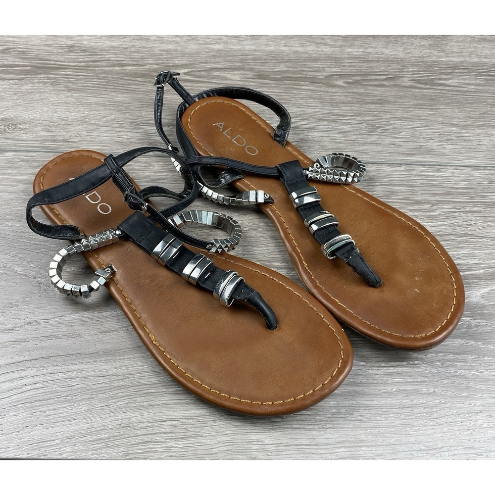 Aldo Women's Flat Thong Sandals Embellished Black Size 9